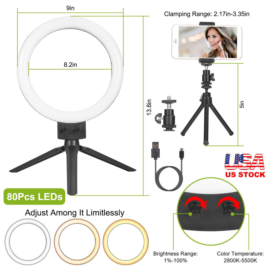 9" Dimmable LED Ring Light w/ Tripod Phone Selfie Camera Studio Photo Video Makeup Lamp